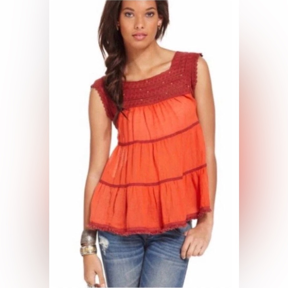 Free People Linen & Cotton Crochet Fringe Hem Sleeveless Top in Red & Pink (#2)